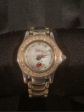 Disney Silver& Gold Tone Women's Link Bracelet Watch with Crystal Accents